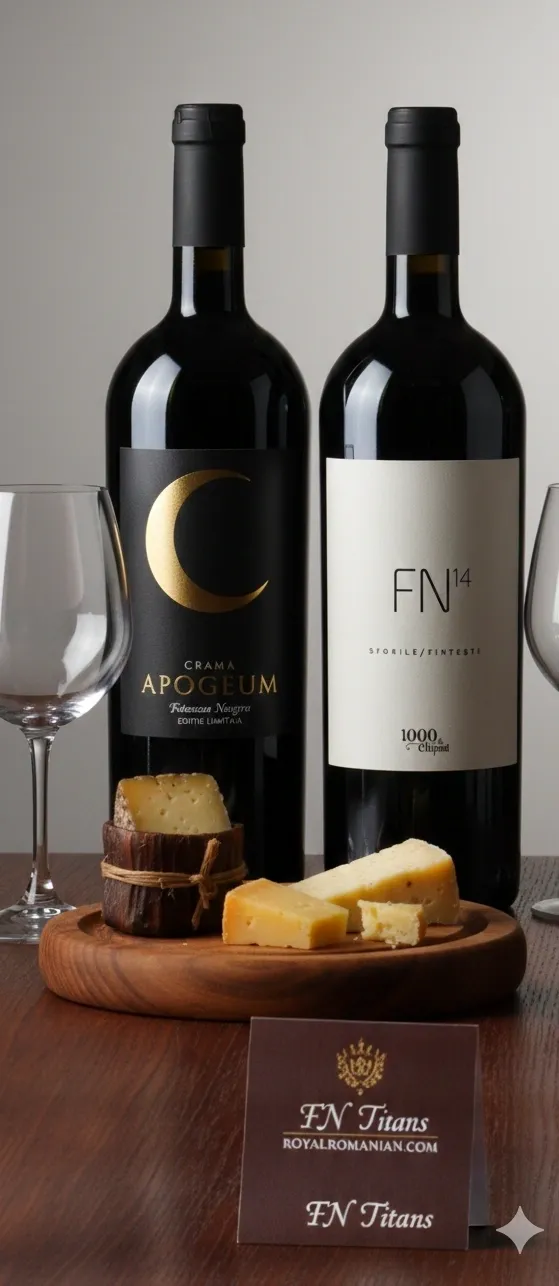 Crama Apogeum 2017 and 1000 de Chipuri FN14 2019 bottles on a wooden table with Romanian cheese pairing.