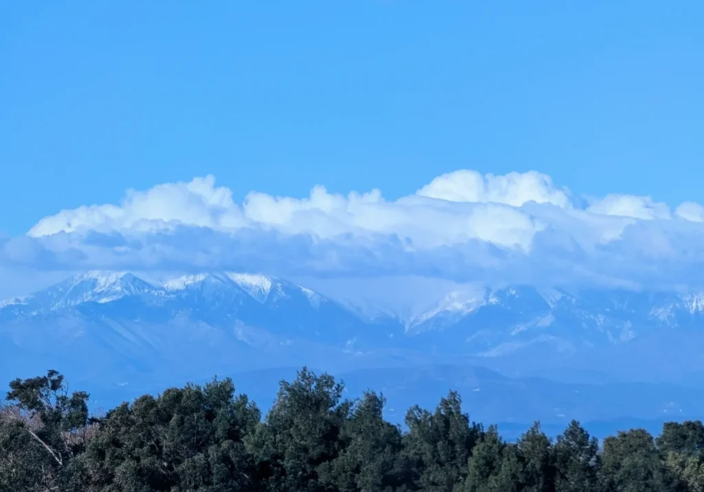 Snow-capped mountains under clouds and blue sky