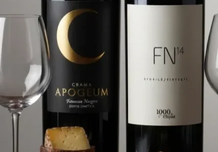 Crama Apogeum 2017 and 1000 de Chipuri FN14 2019 bottles on a wooden table with Romanian cheese pairing.